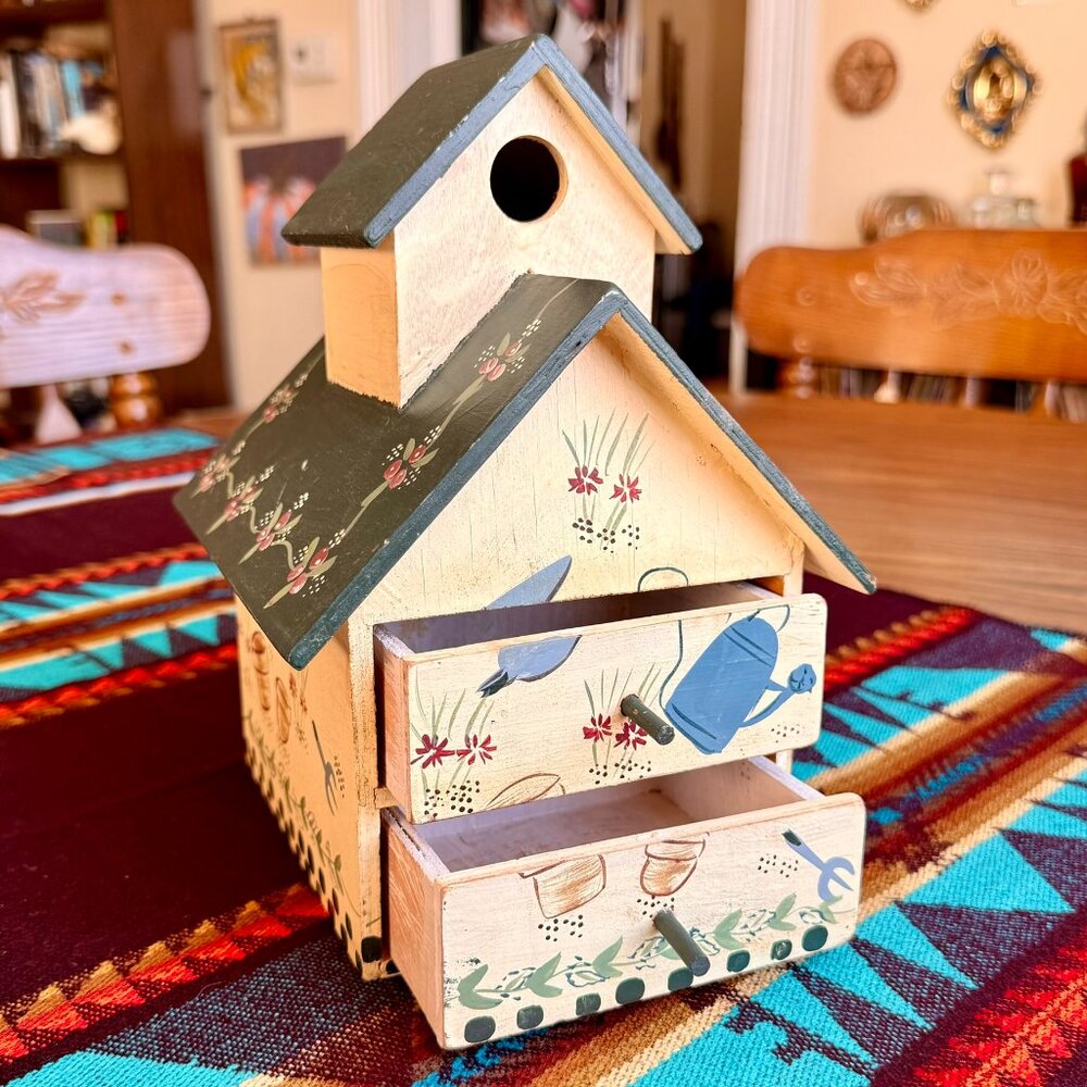 Vintage Hand Painted Folk Art Garden Style Birdhouse Organizer w/ 2 Drawers
